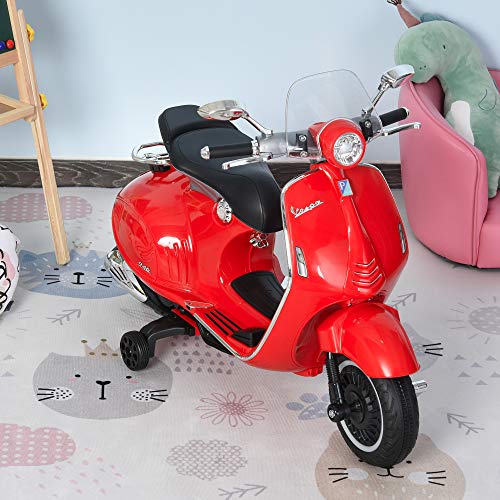 HOMCOM Moto Eléctrica Vespa Faros Música 2 Ruedas Auxiliares para Niños Mayores de 3 Años Motocicleta Infantil Autorizada 108x49x75 cm Rojo - no se que regalar