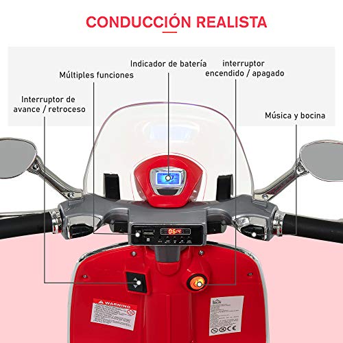 HOMCOM Moto Eléctrica Vespa Faros Música 2 Ruedas Auxiliares para Niños Mayores de 3 Años Motocicleta Infantil Autorizada 108x49x75 cm Rojo - no se que regalar