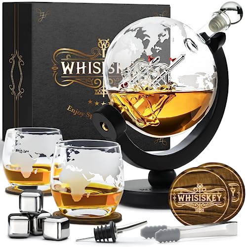 Whisiskey - Decantador de Whisky - Jarra de Whisky - Globo Terráqueo - 900ml - Cubitos Hielo Reutilizables - Regalos Originales para Hombre - Incl: 2 Vasos de Whisky, 4 Piedras de Whisky y 2 Posavasos