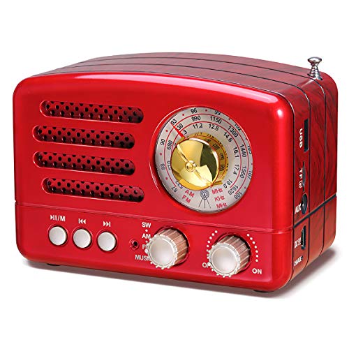 PRUNUS J-160 Am/FM/SW Transistores Radio Vintage Retro, Radio Bluetooth Portatil, Radio Portatil Pequeña Recargable con Batería de 1800mAh, USB Incorporado, SD,TF, Entrada AUX (Rojo) - no se que regalar