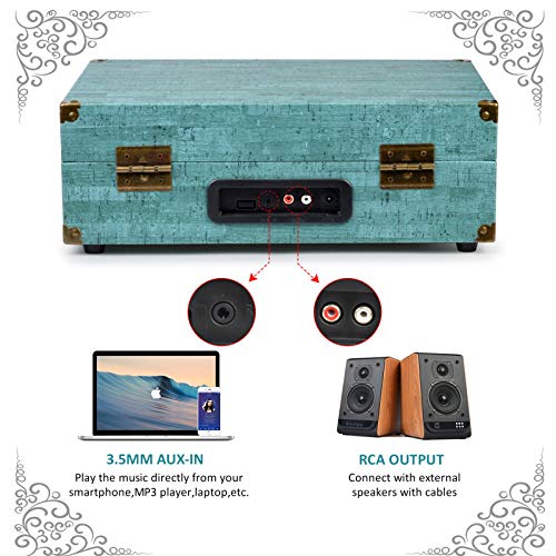 Tocadiscos de vinilo Tocadiscos Bluetooth USB con altavoces estéreo incorporados Diseño de maleta Retro Vintage Inalámbrico de 3 velocidades Vintage fonógrafo con correa Soporte RCA Salida AUX en Azul - no se que regalar