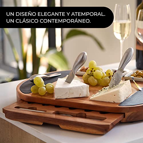 Tabla de Quesos y Embutido de Madera de Acacia Oval con Juego de Cuchillos para Queso de Acero Inoxidable. Lujoso Set de Tabla de Aperitivos Extra Grande con 17 Piezas en Elegante Caja de Regalo.