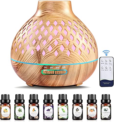 Difusor de Aceite Esencial 400ml, Difusor de Aromaterapia con 8 x 10ml Aceites Esenciales, Silencioso Humidificador Ultrasónico con 7 Colores de Luces LED e Control Remoto para Hogar, Yoga, Sin SPA