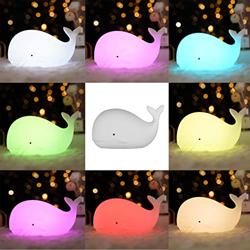 Ballena Luz De Noche Para BebéS Y NiñOs,Silicona De Color Led PortáTil,Modo De LáMpara Dual CáLida,ConversióN De Color Blanco Y 7 Luces,Control TáCtil Sensible,Puerto Usb Recargable(Blanco)