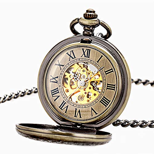 manchda® Retro reloj de bolsillo para los hombres las mujeres especial lupa mitad Hunter elegante grabado caso Steampunk esqueleto mecánico movimiento con cadena + caja de regalo