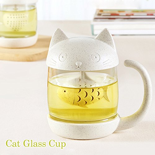 Taza de té de Cristal del Gato Taza De Agua Bottle-with Fish Tea Filtro Filtro de infusión 250ml (8oz)