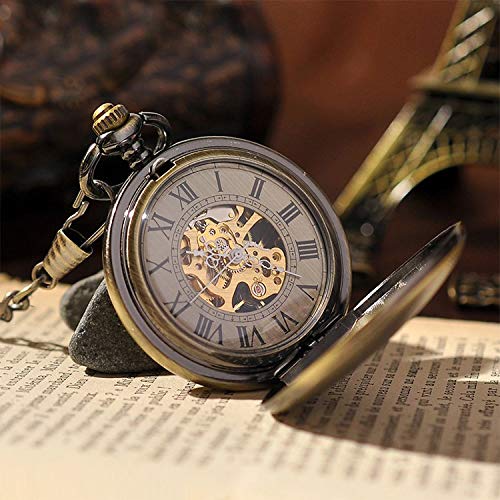 manchda® Retro reloj de bolsillo para los hombres las mujeres especial lupa mitad Hunter elegante grabado caso Steampunk esqueleto mecánico movimiento con cadena + caja de regalo