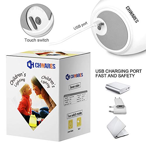 CHWARES Lámpara portátil LED del gato Niños luz de la noche de los niños multicolor de silicona, blanco cálido y 7 colores de respiración, Tap Control sensible, iluminación recargable USB