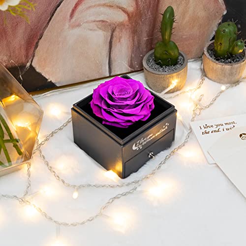 Sunia Eterna Rosa - Rosa Púrpura Preservada con Cadena Plata Mujer Regalo de Rosa Real Hecho a Mano para Mujer Mama Novia Regalo para Navidad Cumpleaños Dia de San Valentin Dia de la Madre