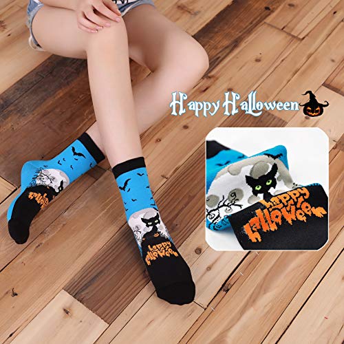 ZFSOCK Calcetines de Halloween para mujer, Divertidos Calcetines de Algodón con Patrones Luna Magos Murciélagos Calabaza, 5 pares, Tamaño 36-42 - no se que regalar