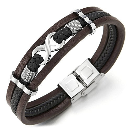 COOLSTEELANDBEYOND Tres Filas Amor Infinito Número 8 Entretejido Marrón Negro Trenzado Cuero Pulsera Brazalete de Hombre de Mujer