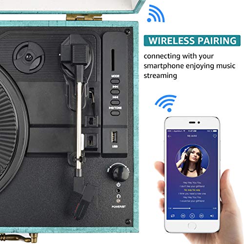 Tocadiscos de vinilo Tocadiscos Bluetooth USB con altavoces estéreo incorporados Diseño de maleta Retro Vintage Inalámbrico de 3 velocidades Vintage fonógrafo con correa Soporte RCA Salida AUX en Azul - no se que regalar