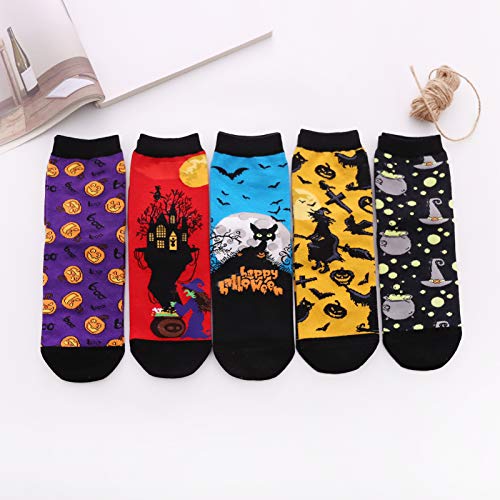 ZFSOCK Calcetines de Halloween para mujer, Divertidos Calcetines de Algodón con Patrones Luna Magos Murciélagos Calabaza, 5 pares, Tamaño 36-42 - no se que regalar