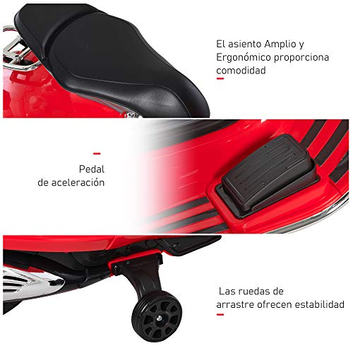 HOMCOM Moto Eléctrica Vespa Faros Música 2 Ruedas Auxiliares para Niños Mayores de 3 Años Motocicleta Infantil Autorizada 108x49x75 cm Rojo - no se que regalar