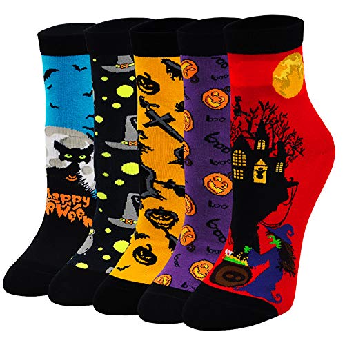 LOFIR Calcetines de fiesta de Halloween para Mujeres Calcetines Divertidos con Dibujos de Animal, talla 35-41, 5 pares