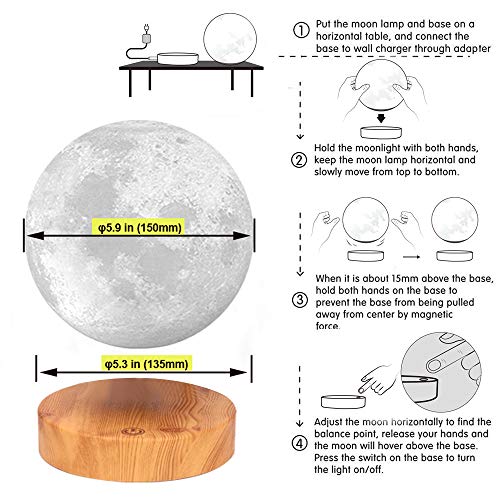 VGAzer Levitando la lámpara de la luna, flotando y girando en el aire. Imprimiendo en 3D la luz de la luna del LED, para regalos únicos de vacaciones, decoración de la habitación (blanco)