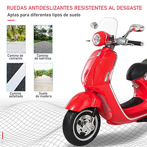 HOMCOM Moto Eléctrica Vespa Faros Música 2 Ruedas Auxiliares para Niños Mayores de 3 Años Motocicleta Infantil Autorizada 108x49x75 cm Rojo - no se que regalar