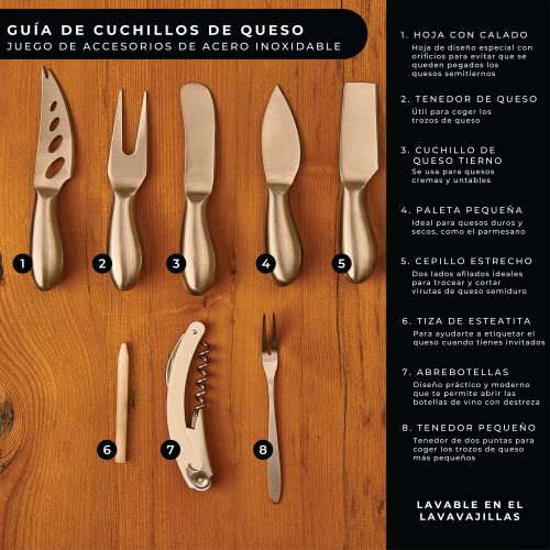 Tabla de Quesos y Embutido de Madera de Acacia Oval con Juego de Cuchillos para Queso de Acero Inoxidable. Lujoso Set de Tabla de Aperitivos Extra Grande con 17 Piezas en Elegante Caja de Regalo.