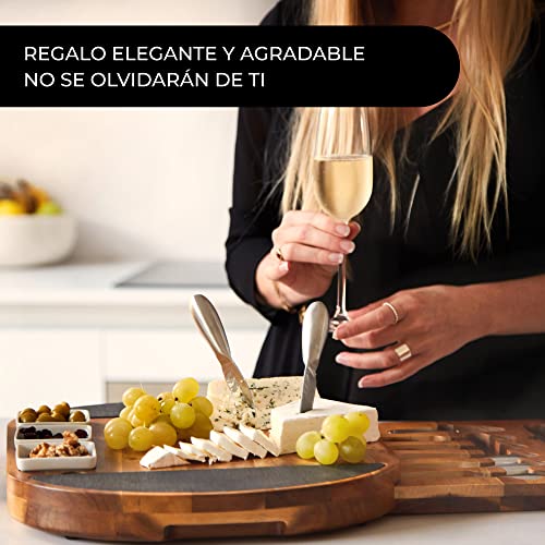 Tabla de Quesos y Embutido de Madera de Acacia Oval con Juego de Cuchillos para Queso de Acero Inoxidable. Lujoso Set de Tabla de Aperitivos Extra Grande con 17 Piezas en Elegante Caja de Regalo.