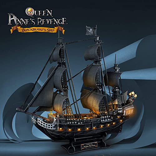 CubicFun Puzzle 3D Queen Anne's Revenge Rompecabezas 3D Nave Kit de Modelo de Barco Pirata (LED) Divertido Regalo para Niños y Adultos, 340 Piezas