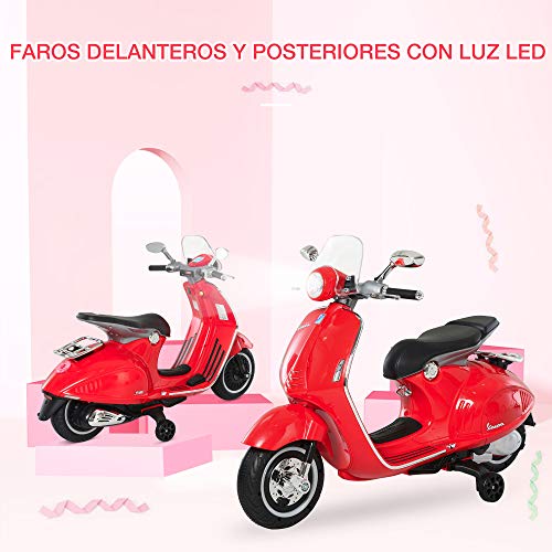 HOMCOM Moto Eléctrica Vespa Faros Música 2 Ruedas Auxiliares para Niños Mayores de 3 Años Motocicleta Infantil Autorizada 108x49x75 cm Rojo - no se que regalar