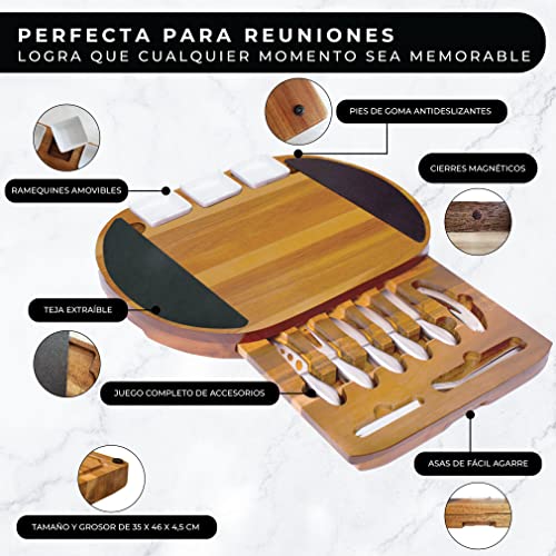 Tabla de Quesos y Embutido de Madera de Acacia Oval con Juego de Cuchillos para Queso de Acero Inoxidable. Lujoso Set de Tabla de Aperitivos Extra Grande con 17 Piezas en Elegante Caja de Regalo.