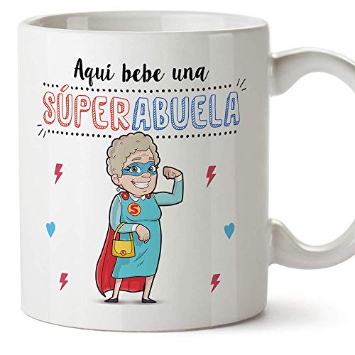 MUGFFINS Taza Abuela - Aquí Bebe una Super Abuela - La Mejor Taza Desayuno del Mundo - Taza Desayuno/Idea Regalo Original/Día de la Madre para Abuel - no se que regalar