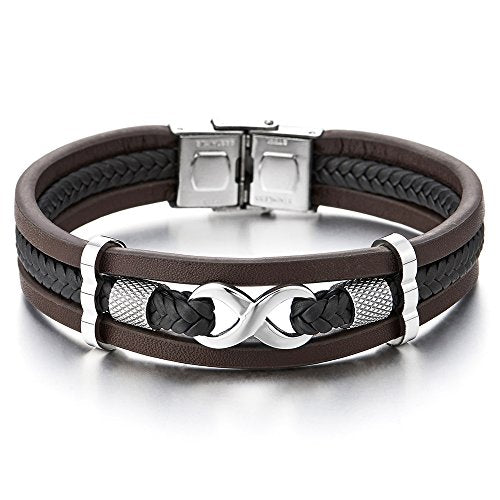 COOLSTEELANDBEYOND Tres Filas Amor Infinito Número 8 Entretejido Marrón Negro Trenzado Cuero Pulsera Brazalete de Hombre de Mujer