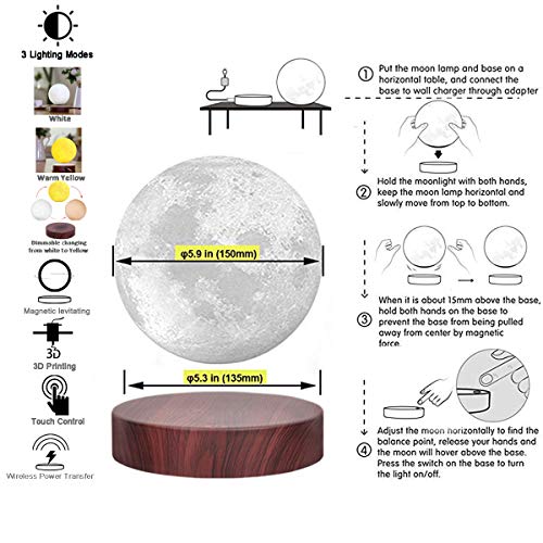 VGAzer Lámpara levitante de luna, flotante y giratoria en el aire libremente con base de madera de lujo y luz de luna LED de impresión 3D en 3 colores