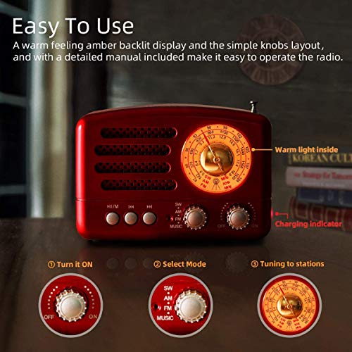 PRUNUS J-160 Am/FM/SW Transistores Radio Vintage Retro, Radio Bluetooth Portatil, Radio Portatil Pequeña Recargable con Batería de 1800mAh, USB Incorporado, SD,TF, Entrada AUX (Rojo) - no se que regalar