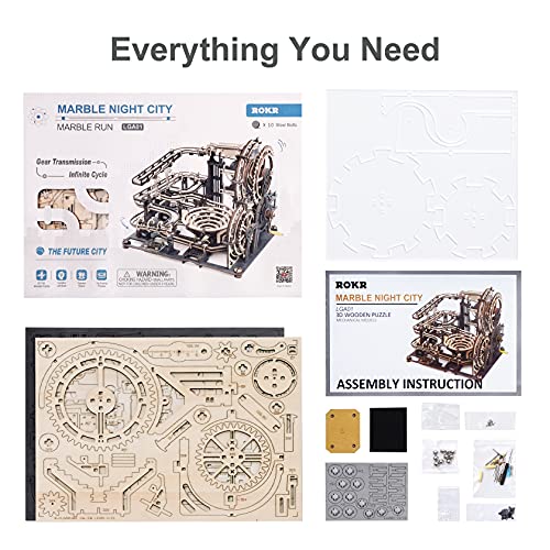 ROKR Puzzle 3D Madera Maquetas para Montar Carrera de mármol Modelo mecánico Kit de construcción con 10 Bolas de Acero para Adolescentes y Adultos, Marble Night City