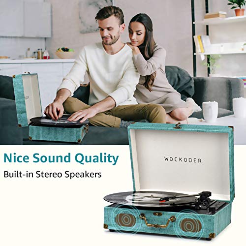 Tocadiscos de vinilo Tocadiscos Bluetooth USB con altavoces estéreo incorporados Diseño de maleta Retro Vintage Inalámbrico de 3 velocidades Vintage fonógrafo con correa Soporte RCA Salida AUX en Azul - no se que regalar