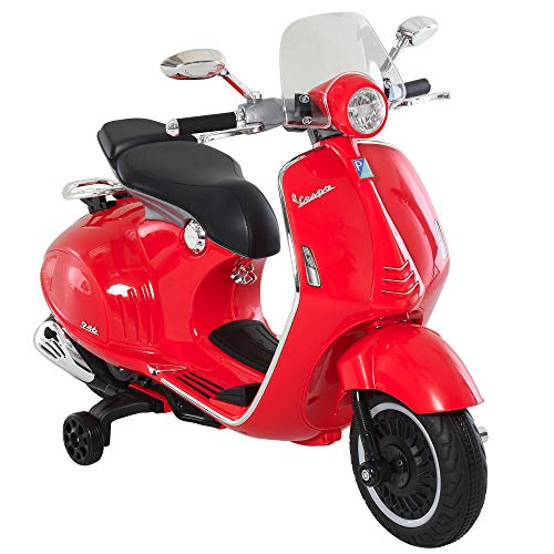 HOMCOM Moto Eléctrica Vespa Faros Música 2 Ruedas Auxiliares para Niños Mayores de 3 Años Motocicleta Infantil Autorizada 108x49x75 cm Rojo - no se que regalar