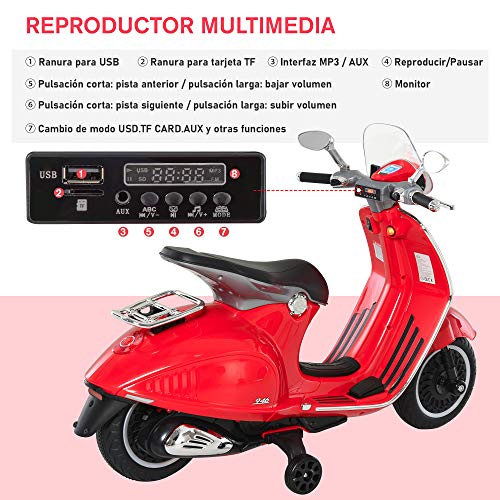 HOMCOM Moto Eléctrica Vespa Faros Música 2 Ruedas Auxiliares para Niños Mayores de 3 Años Motocicleta Infantil Autorizada 108x49x75 cm Rojo - no se que regalar