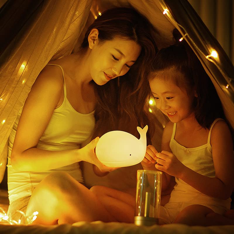 Ballena Luz De Noche Para BebéS Y NiñOs,Silicona De Color Led PortáTil,Modo De LáMpara Dual CáLida,ConversióN De Color Blanco Y 7 Luces,Control TáCtil Sensible,Puerto Usb Recargable(Blanco)